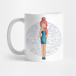 Cute girl with long red hair wearing a teal outfit and shoes. Mug